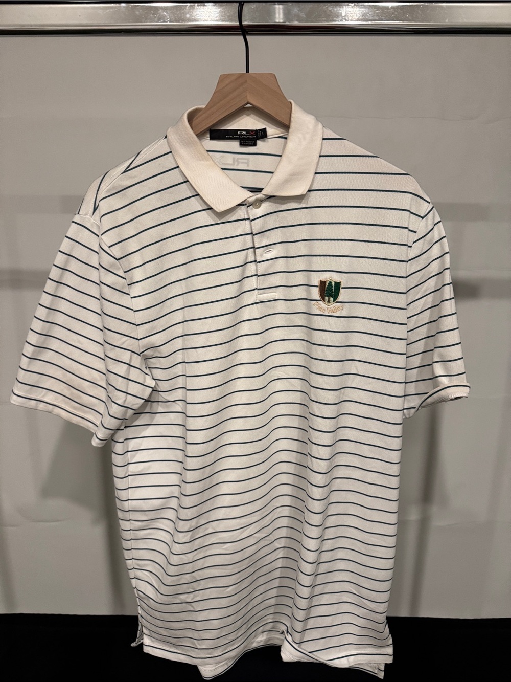 Men's White Striped Polo Shirt with Pine Valley logo